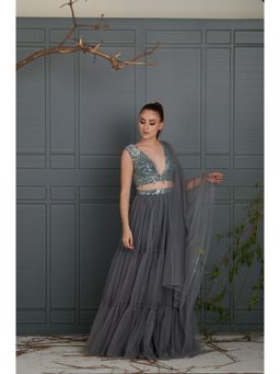 RCKC Aurum - Women Grey Flared Net Blouse With Skirt And Dupatta