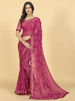 Rangita - Women Floral Printed Georgette Saree with Unstitched Blouse - Wine
