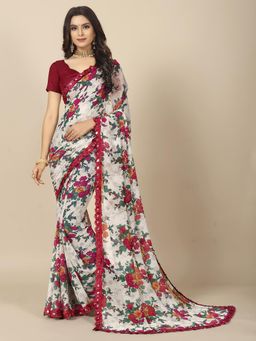 Rangita - Women Floral Printed Georgette Saree with Unstitched Blouse - Off White