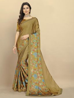 Rangita - Women Printed Georgette Saree with Unstitched Blouse - Olive