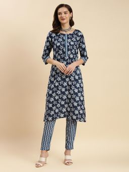 Rangita - Women Cotton Navy Ethnic Printed Straight Kurta with Pant (Set of 2)
