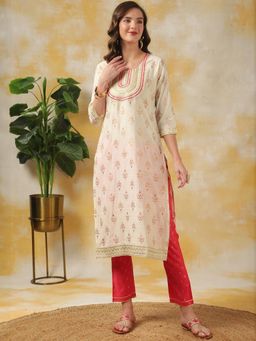 Rangita - Women Off White Rayon Zari Embroidered Straight Kurta with Pant (Set of 2)