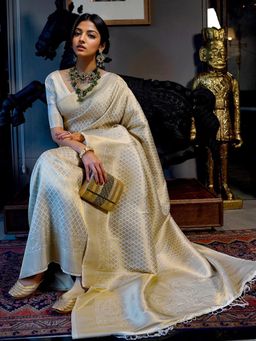 Rangita - Women Zari Work Woven Banarasi Silk Saree with Unstitched Blouse - Cream