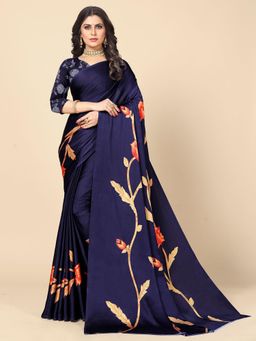 Rangita - Women Floral Printed Crepe Saree with Unstitched Blouse - Blue