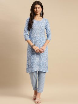 Rangita - Women Rayon Light Blue Floral Printed Knee Length Straight Kurta with Pant (Set of 2)
