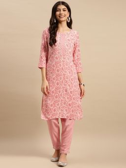 Rangita - Women Rayon Peach Floral Printed Knee Length Straight Kurta with Pant (Set of 2)