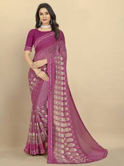 Rangita - Women Printed Georgette Saree with Unstitched Blouse - Purple