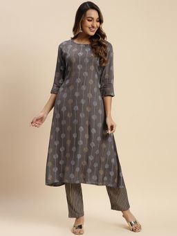 Rangita - Women Rayon Gold Printed A-Line Kurta with Pant (Set of 2)