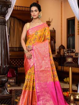 Rangita - Women Patola Banarasi Silk Woven Jacquard Saree with Unstitched Blouse -Yellow