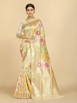 Rangita - Women Banarasi Silk Zari Work Saree with Unstitched Blouse - Cream