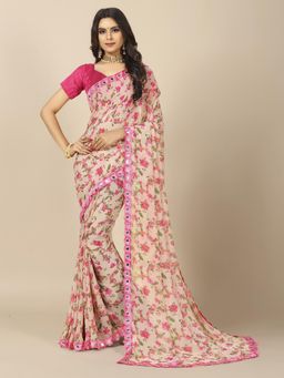 Rangita - Women Floral Printed Georgette Saree with Unstitched Blouse - Pink