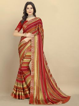 Rangita - Women Strips Printed Moss Georgette Saree with Unstitched Blouse - Multicolor