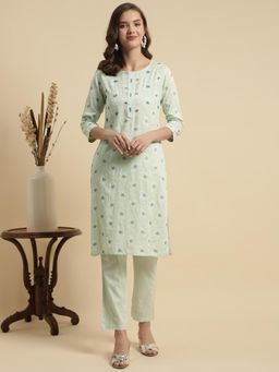 Rangita - Women Mint Green Rayon Embroidered Kurta with Pant (Set of 2)