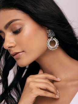 Indya - Dual Tone Black Stone Dangler Earrings