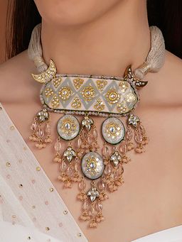 Joules By Radhika - Meenakari Grey Necklace with Jade Drops