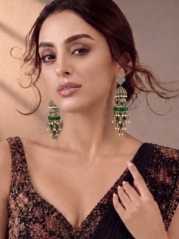 ADIVA - Gold-Plated Elephant Motif Ad Stone Green Stone Pearl Earrings