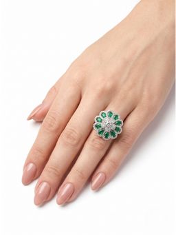 Adwitiya - Floral Emerald Silver Adjustable Statement Ring