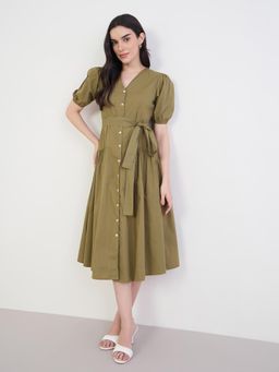 Styli - Women Low Waist Poplin flared Midi Dress With Belt