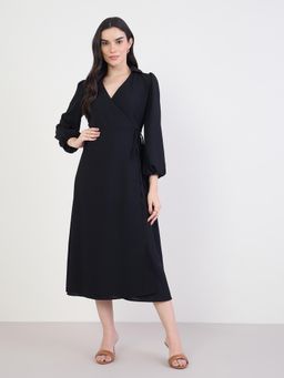 Styli - Women Solid Long Sleeves Tie up Wrap Midi Dress