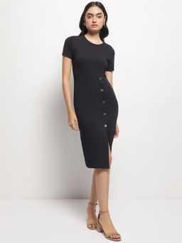 Strong And Brave - Women Solid Black Round Neck Bodycon Midi Dress