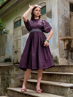 PURVAJA - Women Fit and Flared Knee Length Round Neck Solid Dress