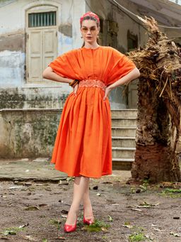 PURVAJA - Women Fit and Flared Knee Length Round Neck Solid Dress