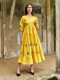 PURVAJA - Women Layered Midi Puff Sleeve Round Neck Solid Dress