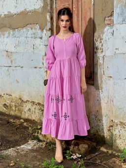 PURVAJA - Women Layered Midi Puff Sleeve Round Neck Solid Dress