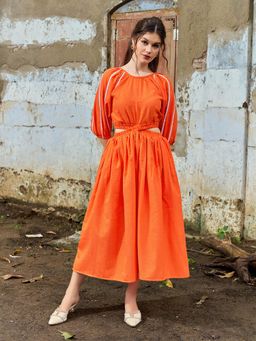 PURVAJA - Women Cut Out Midi Puff Sleeve Round Neck Solid Dress