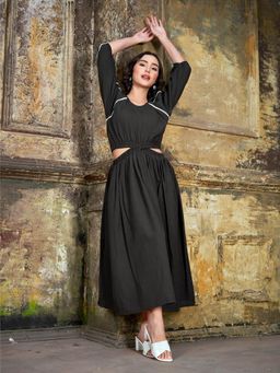 PURVAJA - Women Cut Out Midi Puff Sleeve Round Neck Solid Dress