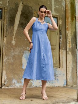 PURVAJA - Women Shirt Style Midi Sleeveless Square Solid Dress