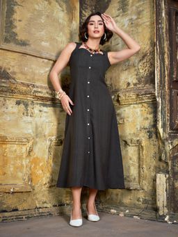 PURVAJA - Women Shirt Style Midi Sleeveless Square Solid Dress