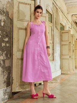 PURVAJA - Women Shirt Style Midi Sleeveless Square Solid Dress