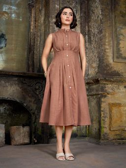 PURVAJA - Women Pleated Knee Length Sleeveless Stand Collar Solid Dress