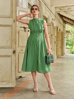 PURVAJA - Women Pleated Knee Length Sleeveless Stand Collar Solid Dress