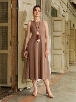 PURVAJA - Women Midi Knee Length Sleeveless Round Neck Solid Dress