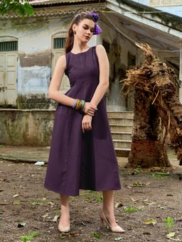 PURVAJA - Women Midi Knee Length Sleeveless Round Neck Solid Dress