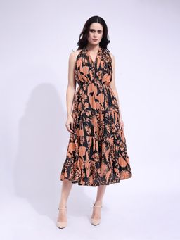 PURVAJA - Women Midi Sleeveless V-Neck Printed Dress