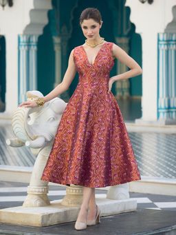 PURVAJA - Women Midi Sleeveless V-Neck Embellished/Sequined Dress