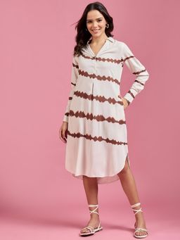Styli - Womens Tie and Dye Off White and Brown Dress