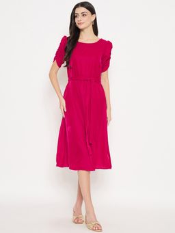 Styli - Womens Round Neck Velvet Pink Dress