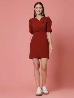 Strong And Brave - Women V-Neck Puff Sleeves Mini Dress