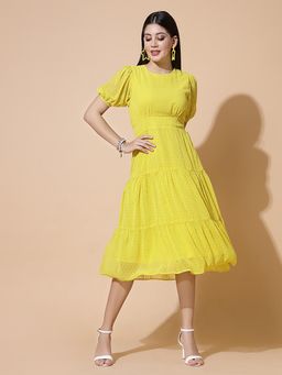 Strong And Brave - Women Puff Sleeve Tiered Georgette Empire Midi Dress