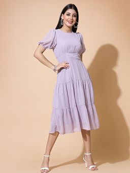 Strong And Brave - Women Puff Sleeves Georgette Fit and Flare Midi Dress