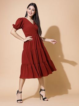 Strong And Brave - Women V-Neck Puff Sleeve Tiered Wrap Midi Dress