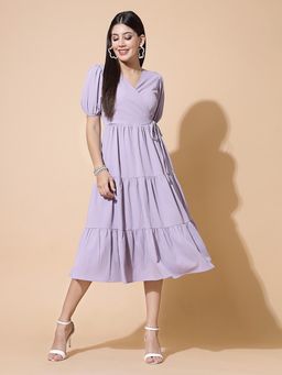 Strong And Brave - Women Puff Sleeves Wrap Midi Dress