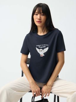 The Souled Store - Navy Blue Letter Women Relaxed Fit T-Shirt