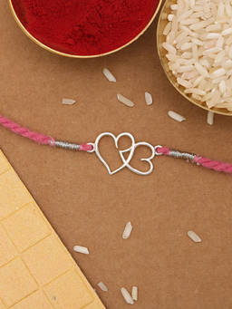VIRAASI - 925 Silver Heart Thread Rakhi with Roli Chawal & Card