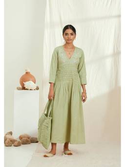 THE RIGHT CUT - Green Linen Hand Embroidered Yoke Long Dress