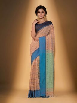 Beatitude - Beige Handspun Cotton Woven Saree with Unstitched Blouse